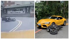 大型重機日月潭過彎自摔，滑到對向車道撞上SUPRA跑車。（圖／民眾提供）
