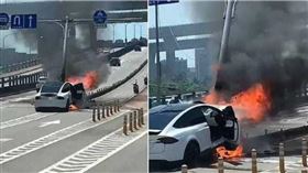 林志穎駕駛特斯拉，突然失控自撞分隔島。（圖／翻攝自記者爆料網）