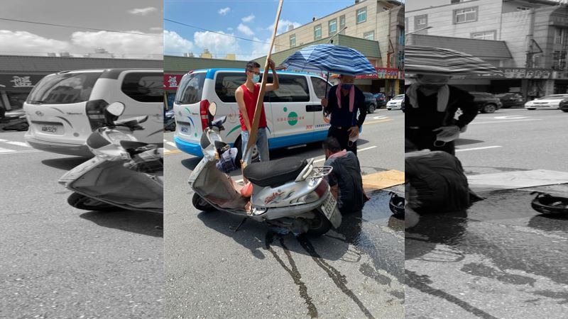 老伯熱昏頭撞車　暖男豪邁扛木板遮陽