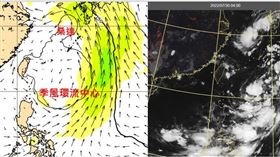 左圖：29日20時歐洲(ECMWF)模式，模擬30日2時850百帕風場及等高線圖顯示，「季風環流」(monsoon gyre)西側及中心、風力微弱，東側則有較強季風圍繞；「桑達」則為「季風環流」內的小渦旋。

右圖：30日4時真實色雲圖顯示，「季風環流」西側及中心雲層零散，東側有厚實的對流雲系；「桑達」則為琉球北方的渦旋狀雲系。