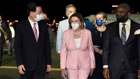 裴洛西一身粉紅套裝，相當搶眼。（圖／外交部提供）