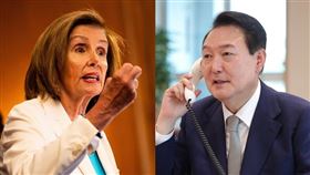 美國聯邦眾議院議長裴洛西（左）抵韓，韓國總統辦公室表示，休假中的總統尹錫悅（右）4日下午將與裴洛西通話。（圖／翻攝自twitter.com/SpeakerPelosi、facebook.com/sukyeol.yoon）
