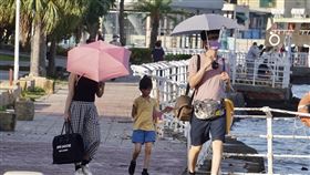 高雄天氣炎熱  民眾撐傘遮陽中央氣象局表示，21日太平洋高壓勢力更強，各地都是晴到多雲、高溫炎熱的天氣。圖為高雄市鼓山區民眾撐傘遮陽。中央社記者董俊志攝  111年7月21日