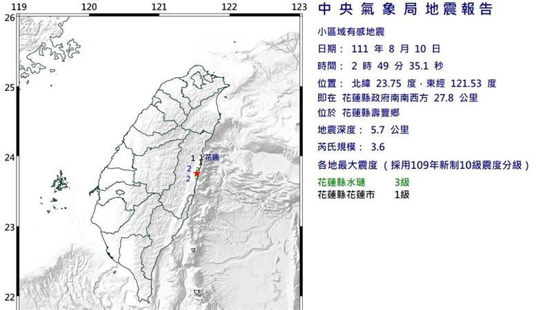 花蓮凌晨規模3.6地震　震度3級