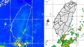 15日4:20真實色雲圖顯示，各地晴朗，東南部有零星雲層(左圖)；4:30雷達回波合成圖顯示，伴隨降水回波(中圖)；4:30累積雨量圖顯示，恆春半島已有局部降雨(右圖)。