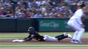 ▲卡斯楚（Rodolfo Castro）滑壘時手機從口袋掉出來，違反大聯盟禁止在比賽中使用電子設備的規定，遭禁賽1場。（圖／翻攝自Fox Sports：MLB推特）