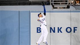 ▲K湯弟（Trayce Thompson）上演撞牆美技接殺。（圖／翻攝自道奇推特）