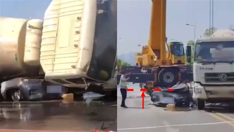 水泥車側翻「壓扁轎車」　2人慘亡