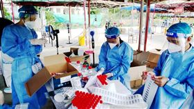 圖為海南三亞市醫護人員黏貼核酸檢測試管標籤。（圖／中新社）
