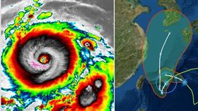 左圖：1日4時紅外線色調強化雲圖顯示，強颱「軒嵐諾」颱風眼清淅可見、結構紮實。(圖擷自tropical tidbits)

右圖： 1日2時中央氣象局「路徑潛勢預圖」顯示，第11號強颱「軒嵐諾」在琉球南方海面，偏西南前進，另一「熱帶低壓」在「軒嵐諾」東方，朝西北西前進，兩者將在宮古島南方海面逐漸整併成一個「大型」颱風，移速減慢、滯留打轉；再轉向偏北，經宮古、石垣島附近北上。「不確定性」(紅框)仍很