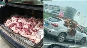 中國網友po出成都封城前，民眾瘋搶物資情形，後車廂一堆生豬肉（左圖）與掛滿活雞的車子，讓人傻眼。 圖／翻攝自石言囈語微博