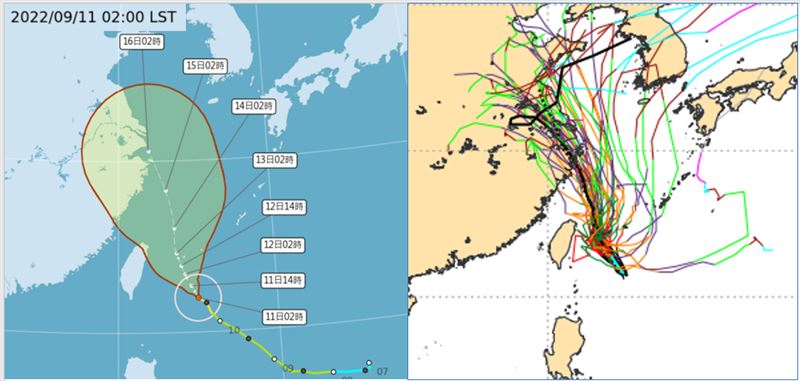 圖：11日2時中央氣象局的「路徑潛勢預測圖」(左圖)，與10日20時歐洲(ECMWF)系集模式模擬路徑(右圖)皆顯示，今(11)日「梅花」大致朝石垣島前進，即將進入導引氣流弱的海域，移速減慢；12、13日在石垣島附近滯留打轉，14日緩慢轉北，逐漸加速。潛勢預測的「機率範圍」(紅框)偏大，系集模擬路徑雖較先前收歛、仍分歧，隱含預測路徑的「不確定性」大