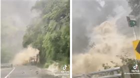 烏來五重溪瀑布山洪暴發，道路險遭吞沒。（圖／翻攝自爆廢公社臉書）