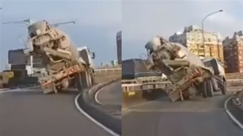 水泥車高架過彎險翻覆　下秒奇蹟拉回