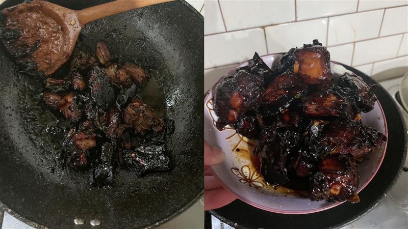 糖醋排骨慘變焦黑　她嘆：豬看了都掉眼淚