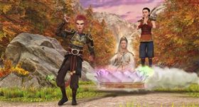 《孫行者傳》孫悟空（左）和觀世音菩薩（中）聯手收服紅孩兒。（圖／數位領域電影文化提供）