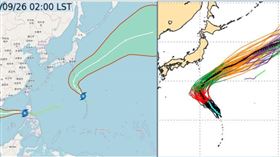 左圖：26日2時中央氣象局「路徑潛勢預測圖」顯示，「中颱諾盧」進入南海後，持續偏西移動、仍有再增強趨勢。另一「熱帶低壓」在硫磺島東南方海面，向西北移動再向東北大迴轉。

右圖：25日20時歐洲系集模式(ECMWF) 50次模擬路徑顯示，在硫磺島東南方海面的「熱帶低壓」，向西北移動再向東北大迴轉。