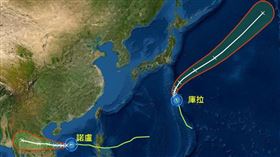 圖：27日2時中央氣象局「路徑潛勢預測圖」顯示，「中颱諾盧」持續偏西，朝越南前進，有略增強的趨勢；第17號「輕颱庫拉」在硫磺島北方海面，向北北西移動、再向東北大迴轉。