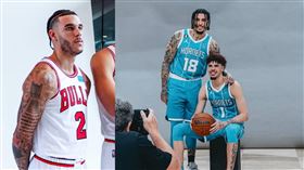 ▲球家三兄弟新球季心情大不同，球大哥（Lonzo Ball）受膝傷困擾，下賽季可能瀕臨報銷，而球二哥（Liangelo Ball）則傳來喜訊，和黃蜂隊簽下訓練營合約，新賽季有機會與球三弟（Lamelo Ball）一起打拚。（圖／翻攝自公牛和黃蜂推特）