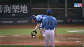 張進德用面罩撈球造成罕見捕手犯規。(圖／擷取自CPBL TV)