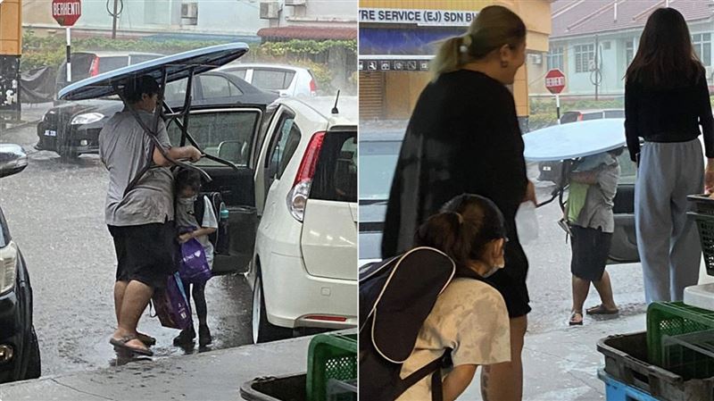 豪雨中爸爸「扛圓桌」為女擋風雨！網讚爆