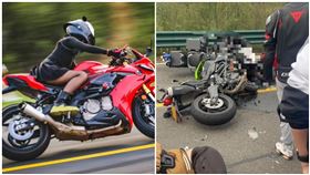 「重機女神」摔車慘死！逆向過彎畫面曝光　山寨安全帽整頂破裂（圖／翻攝自胡同兒裡的硬瓷微博）