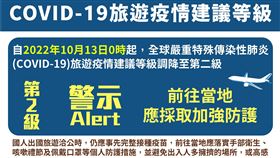 指揮中心宣佈調降新冠旅遊疫情建議等級至第二級警示（Alert）。（圖／指揮中心提供）