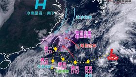 「台灣颱風論壇｜天氣特急」也發文提醒，97W威脅大，週末起防劇烈天氣。（圖／翻攝自台灣颱風論壇）