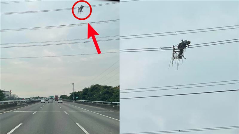 台電人員修電纜！底下就是國道　網看跪了