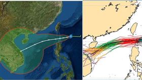 左圖：中央氣象局21日2時「路徑潛勢預測圖」顯示，熱帶低壓在台灣東南東方海面，向西移動，將穿過巴士海峽，轉西南西、往南海前進；強度逐漸增強。右圖：20日20時歐洲模式(ECMWF)系集模擬顯示，週六至下週一(22至24日)熱帶低壓通過巴士海峽，轉西南西、往南海前進；路徑與左圖類似。