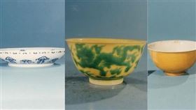 清乾隆青花花卉盤（左）、嬌黃釉綠彩龍紋碗（中）康熙款暗龍白裏小黃瓷碗（右）（組合圖／故宮提供）