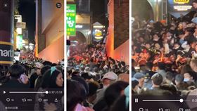 ▲南韓首爾梨泰院恐怖踩踏慘劇，民眾拍下，小巷子裡，明顯被一堵「人體牆」塞爆。（圖／翻攝自James Chen推特）