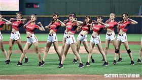 ▲中華職棒季後挑戰賽，小龍女冒雨應援。（圖／記者劉彥池攝影）