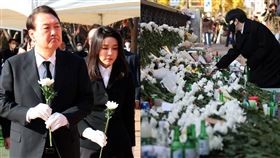 ▲梨泰院154死！尹錫悅夫婦「獻花追悼亡者」　悲劇現場擺滿鮮花。（圖／美聯社／達志影像）