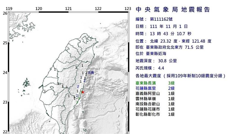 13：43規模4.4有感地震　最大震度3級