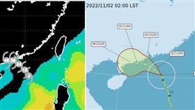左圖：1日20時「海洋熱含量」顯示，「奈格」已進入低「海洋熱含量」海域。(圖擷自RAMMB)右圖：2日2時中央氣象局「路徑潛勢預測圖」顯示，「輕颱奈格」在南海轉西北西前進，減弱遠離，與東北季風的「共伴效應」明顯減弱。