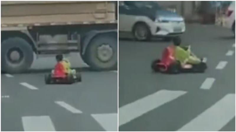 男童開卡丁車上路　「大卡車緊貼」超驚悚