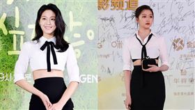 ▲關曉彤黑白套裝出席金雞獎，精修圖和紅毯圖差太多直接被酸爆。（圖／翻攝自 微博）