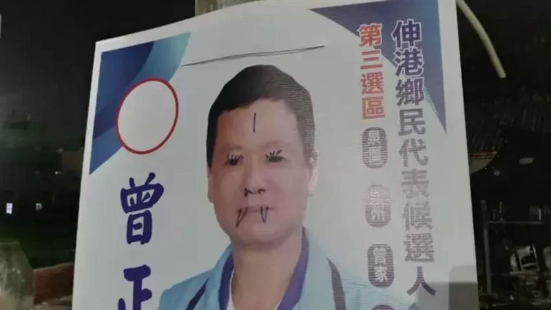 工人幫候選人看板加「獠牙」 塗鴉下場曝