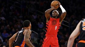 ▲拓荒者葛蘭特（Jerami Grant）狂砍44分創下生涯新高，率隊以132：129氣走尼克。（圖／美聯社／達志影像）