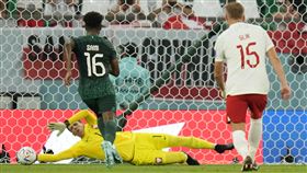 ▲波蘭門將史澤斯尼（Wojciech Szczesny）（黃衣者）成功擋下12碼罰球射門。（圖／美聯社／達志影像）