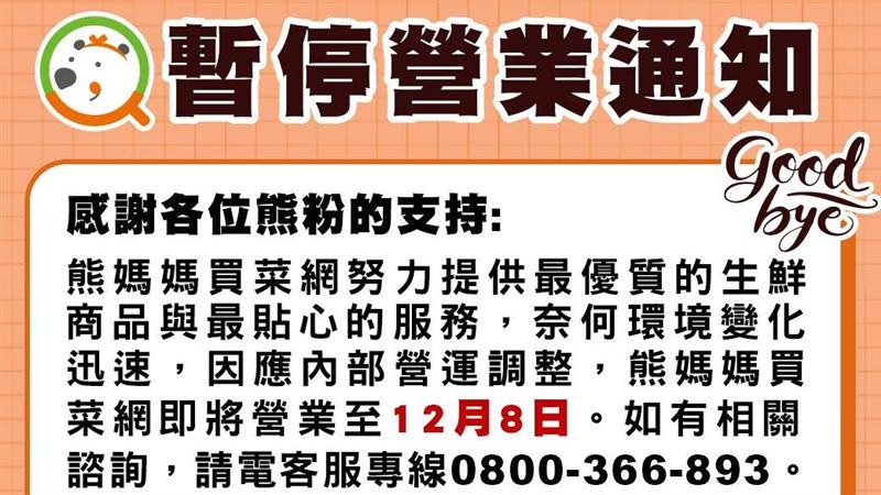 「熊媽媽買菜網」撐不住了！宣布12月收攤