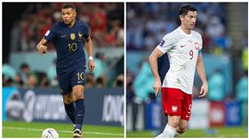 ▲世足16強賽開踢，法國前鋒姆巴佩（左）將對決波蘭萊萬多夫斯基（右）。（圖／美聯社／達志影像）