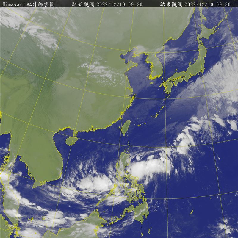 熱帶低氣壓今日上午8起生成預估有機會發展為輕颱。圖為9時20分衛星雲圖。（圖／中央氣象局）