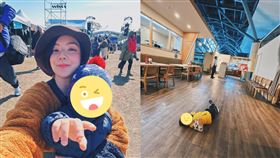 ▲歐陽靖在餐廳裡安撫新醬時，遇到天使店員直接讓新醬躺一下消消氣。（圖／翻攝自歐陽靖臉書）