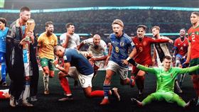 ▲FIFA世界盃官方公布合成紀念照，姆巴佩意外向梅西下跪。（圖／翻攝自@FIFAWorldCup Twitter）