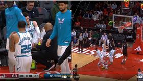 ▲「球三弟」鮑爾（LaMelo Ball）被隊友踩到左腳踝。（圖／翻攝自Chaz NBA YT）