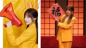  王心凌身穿黃色西裝，頭上愛心更化身成吐耳朵。（圖／翻攝自王心凌微博）