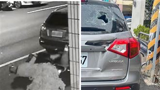 男撞破路邊汽車後檔玻璃閃人　玻璃卡頭髮