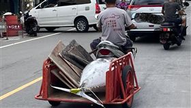 一名男子使用板車運送大鮪魚。（圖／翻攝自《路上觀察學院》）